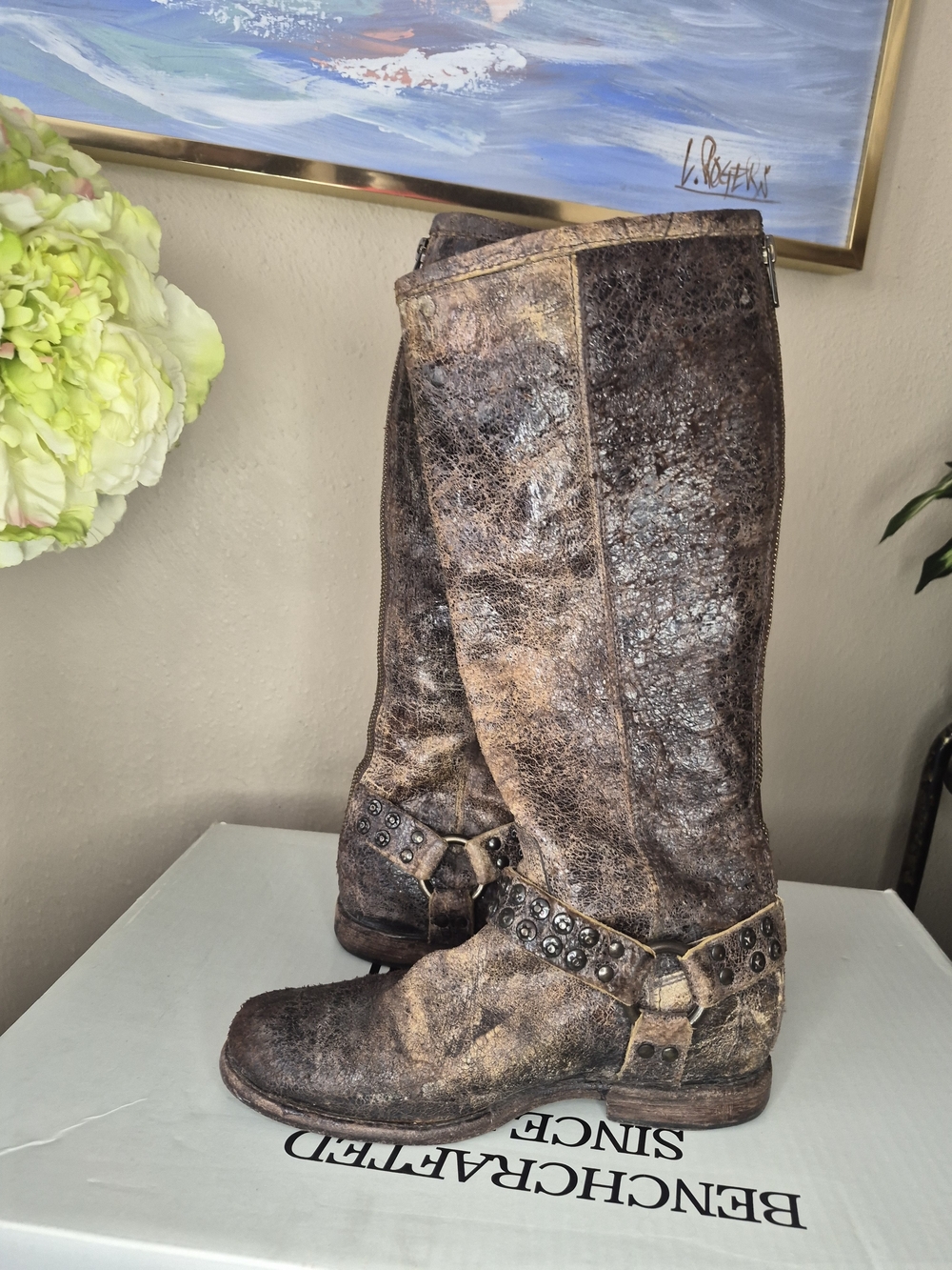 Frye Brown Distressed Leather Studded Harness Knee Boots - Picture 4 of 8